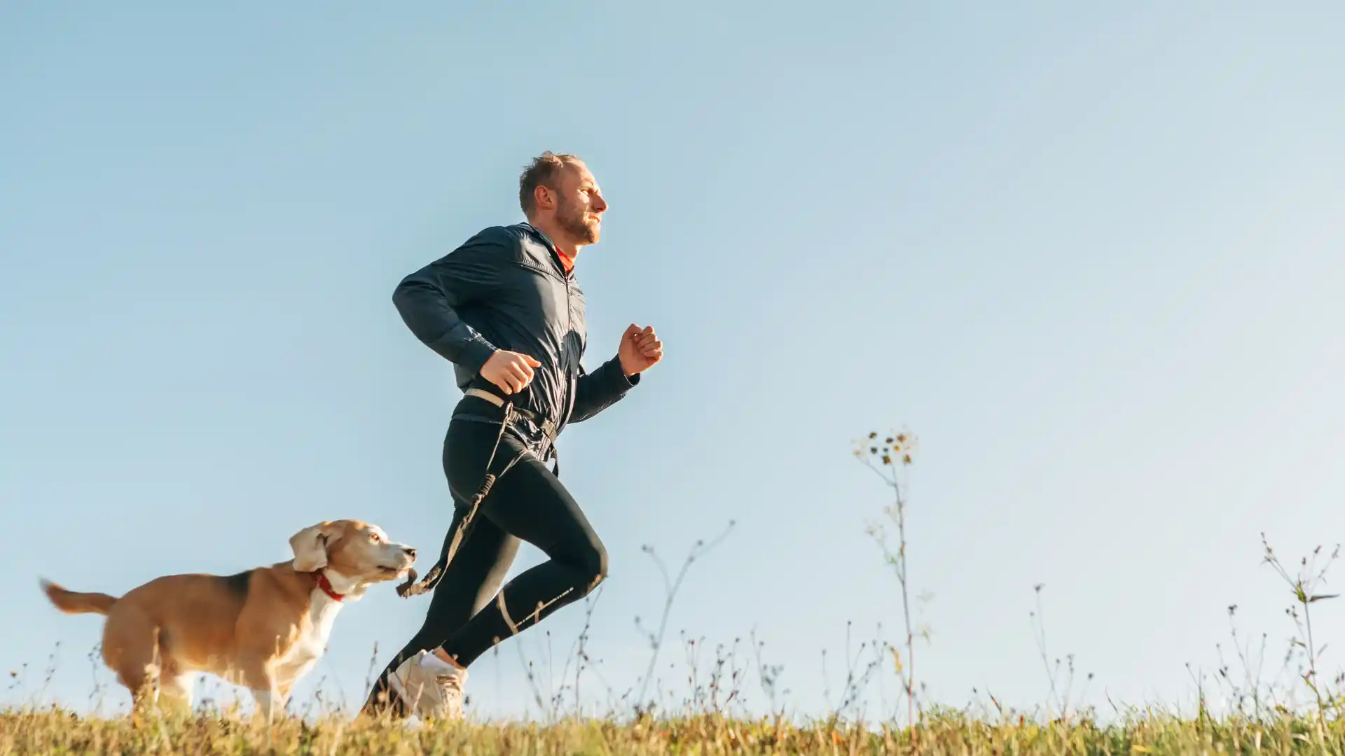Man jogging outdoors with a dog on a leash.